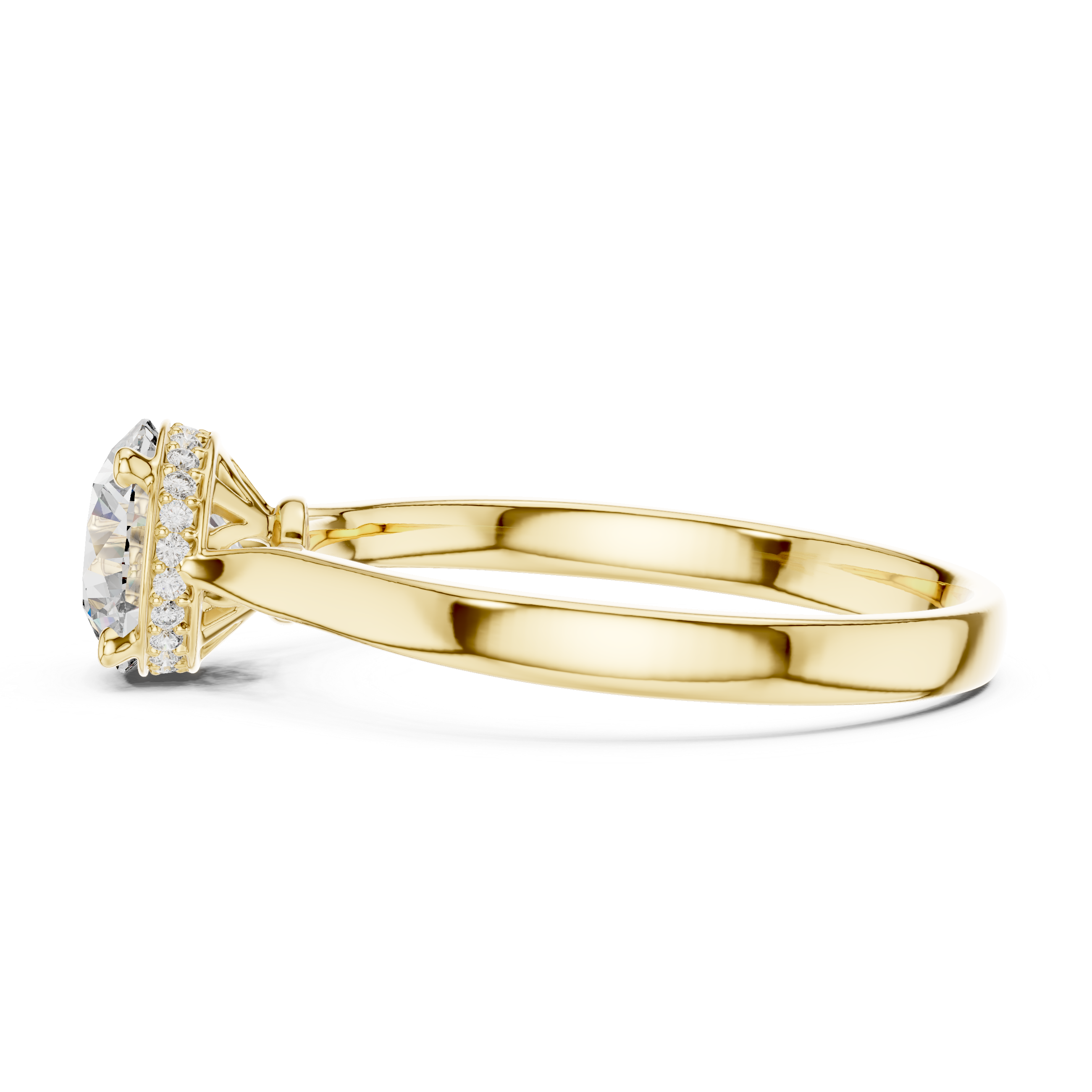 Yellow gold engagement ring with round diamond center, hidden halo, cathedral setting