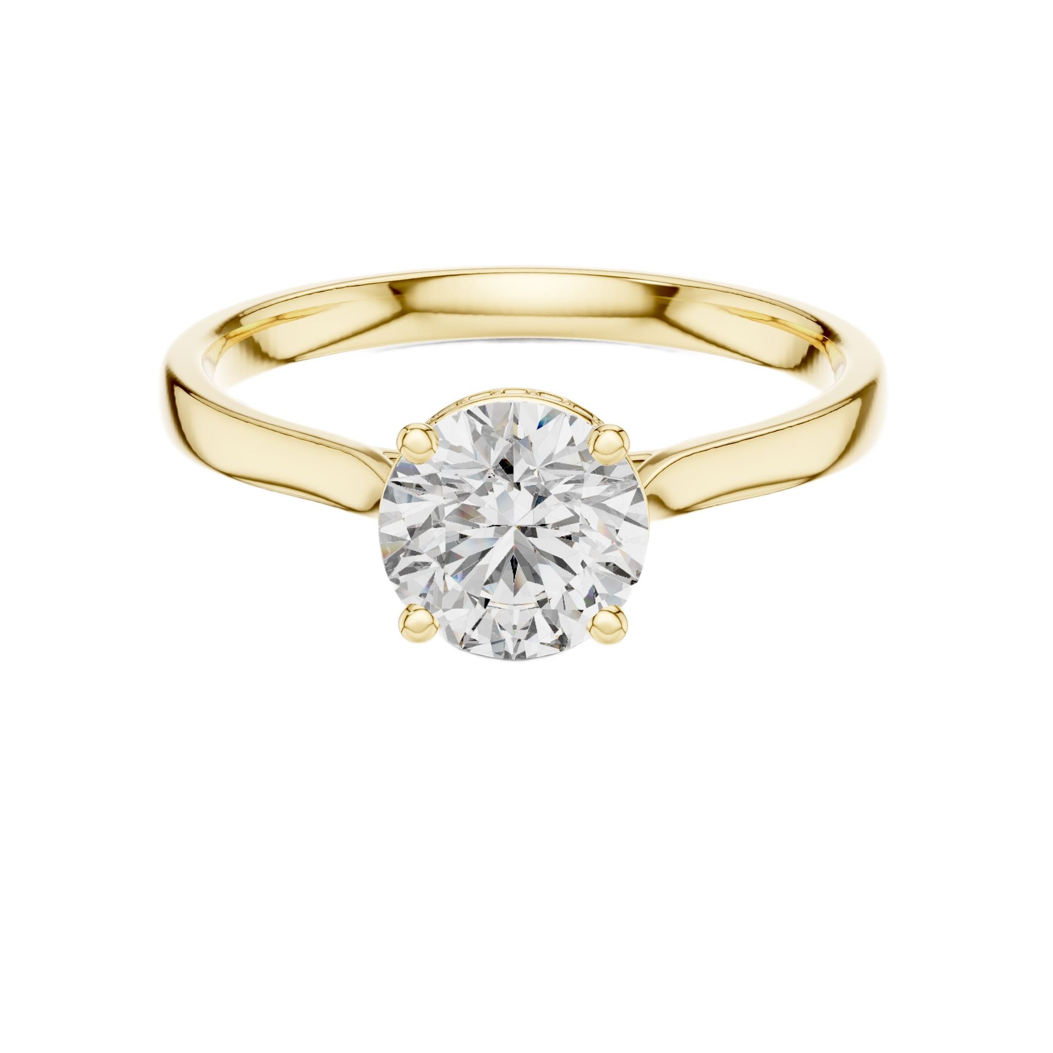 Yellow gold diamond ring with round center diamond in halo prongs