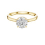Yellow gold diamond ring with round center diamond in halo prongs