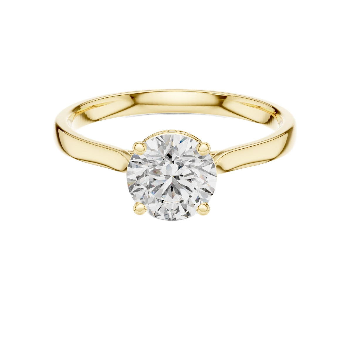 Yellow gold diamond ring with round center diamond in halo prongs