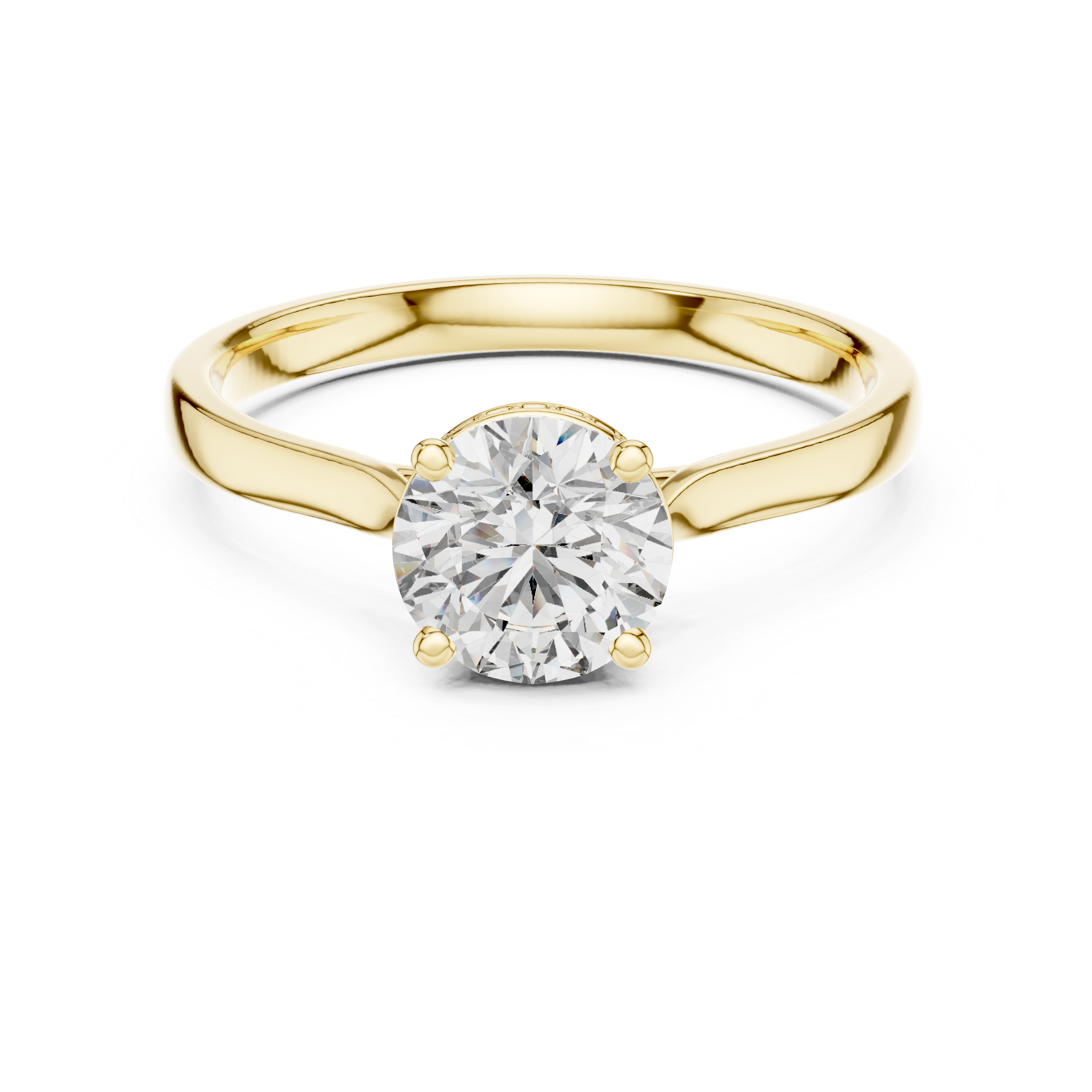 Yellow gold diamond ring with round center diamond in halo prongs