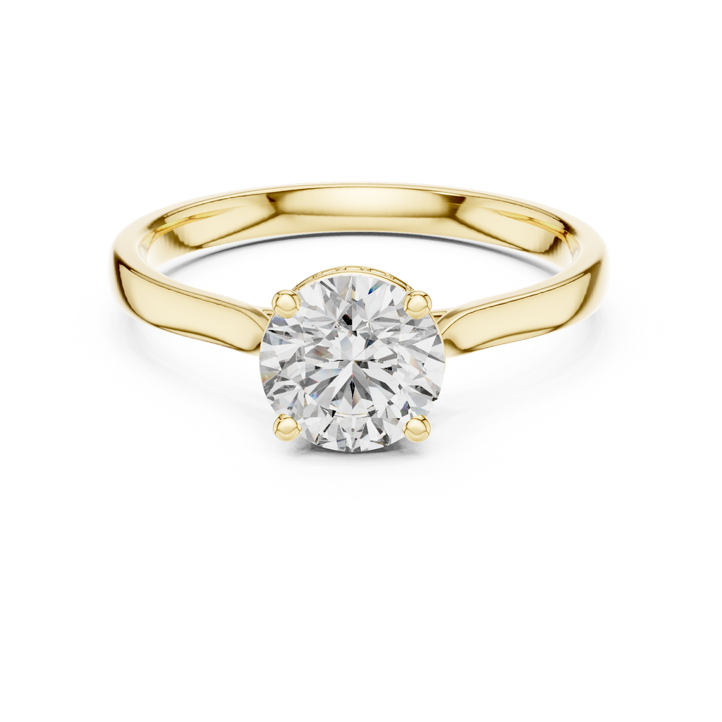 Yellow gold engagement ring with round diamond center and hidden halo band