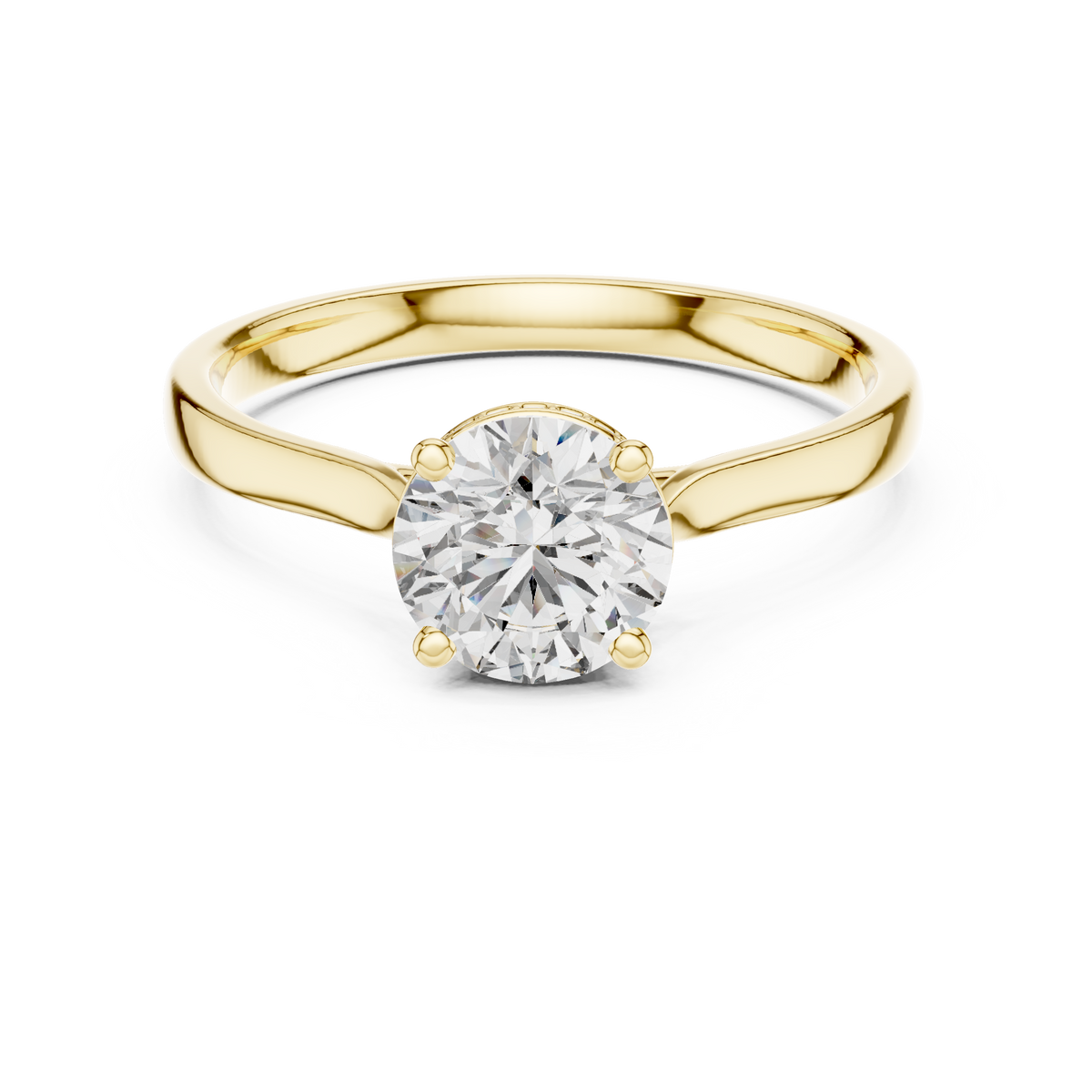 Yellow gold diamond ring with round center diamond in halo prongs