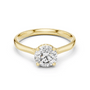 Yellow gold diamond ring with round center stone and halo prong setting