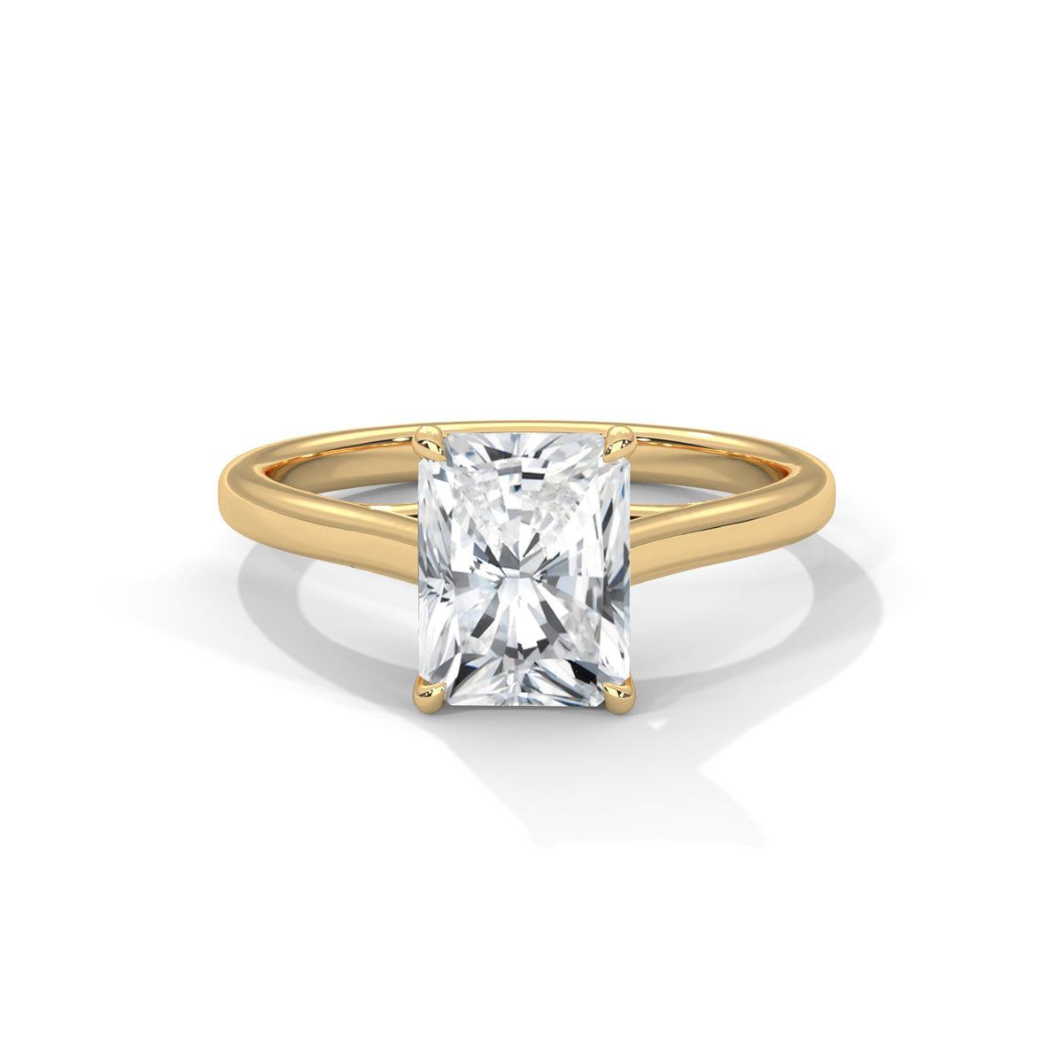 Yellow gold radiant-cut solitaire trellis ring with square center diamond