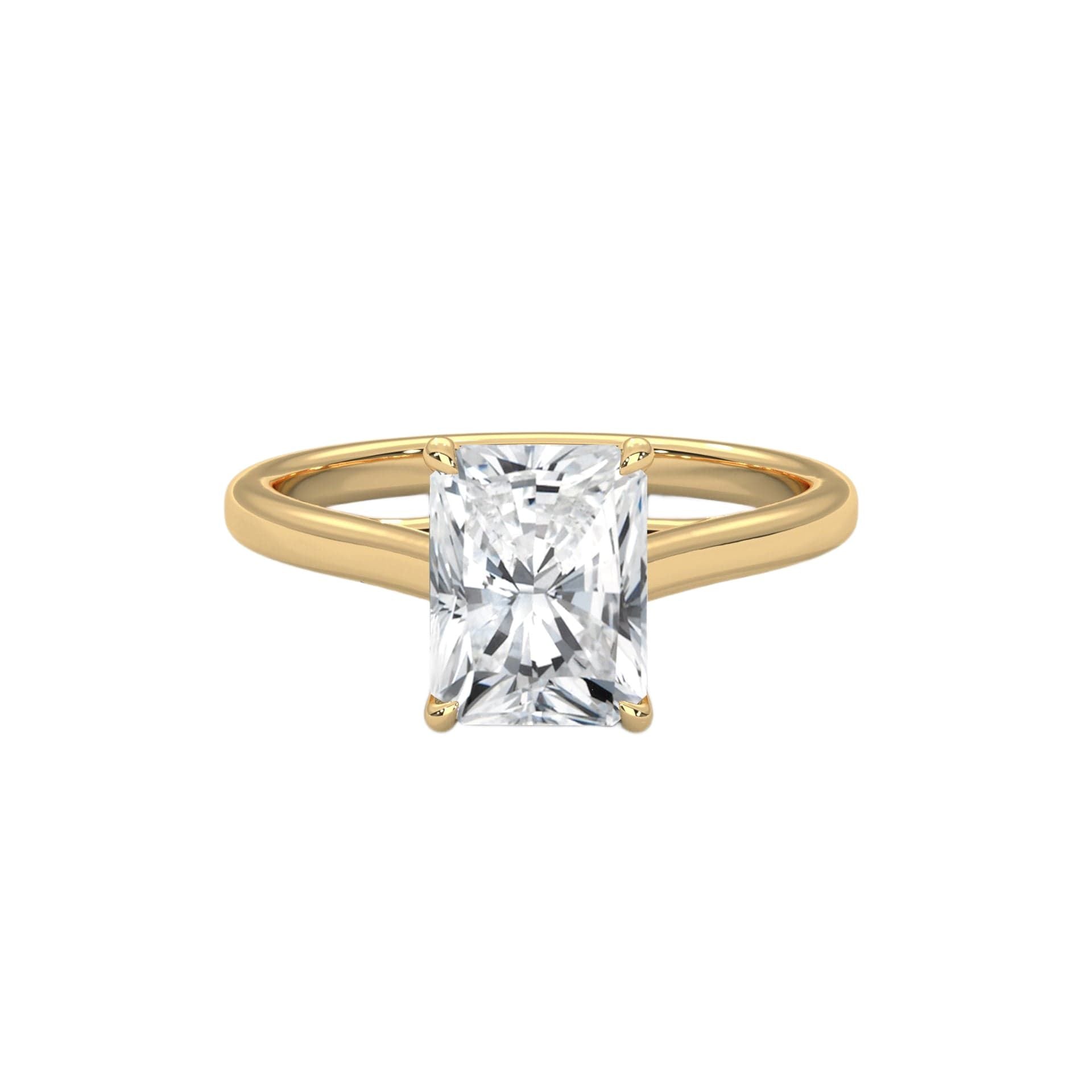 Yellow gold radiant-cut solitaire trellis ring with square center diamond