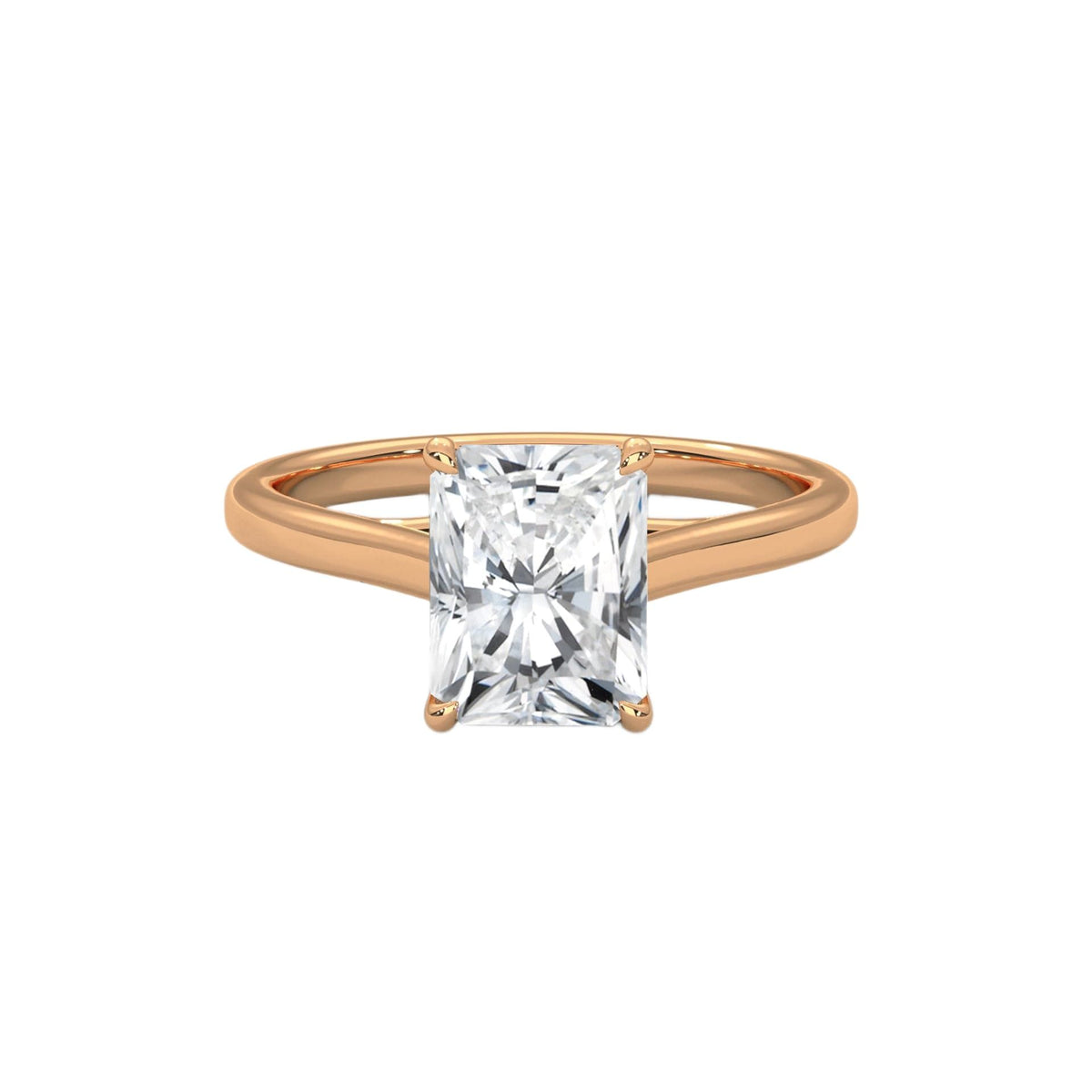 Yellow gold radiant-cut solitaire trellis ring, side view with raised square stone