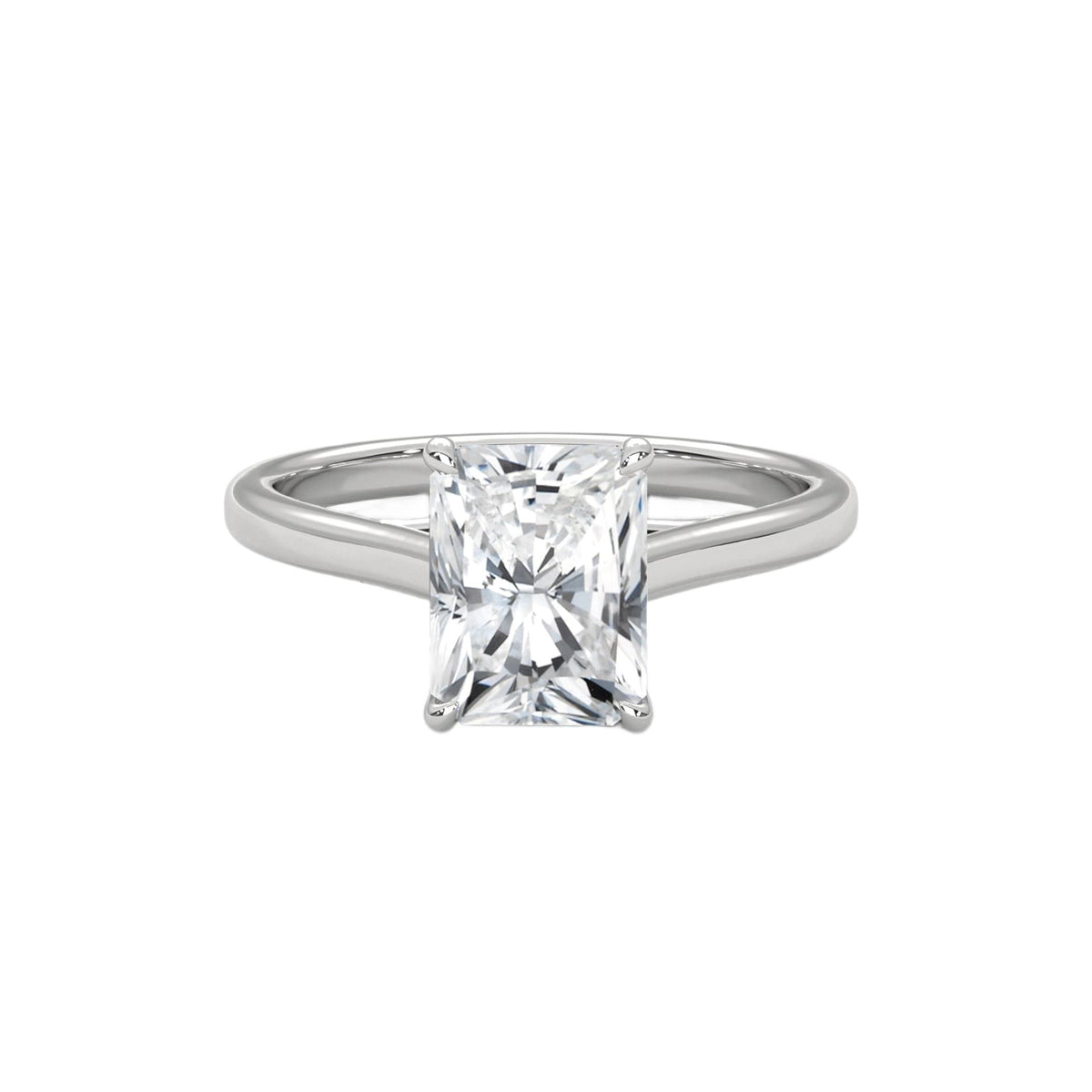 White gold radiant-cut solitaire trellis ring with square center diamond