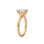 Rose gold radiant-cut solitaire trellis ring, side view showing prongs and stone
