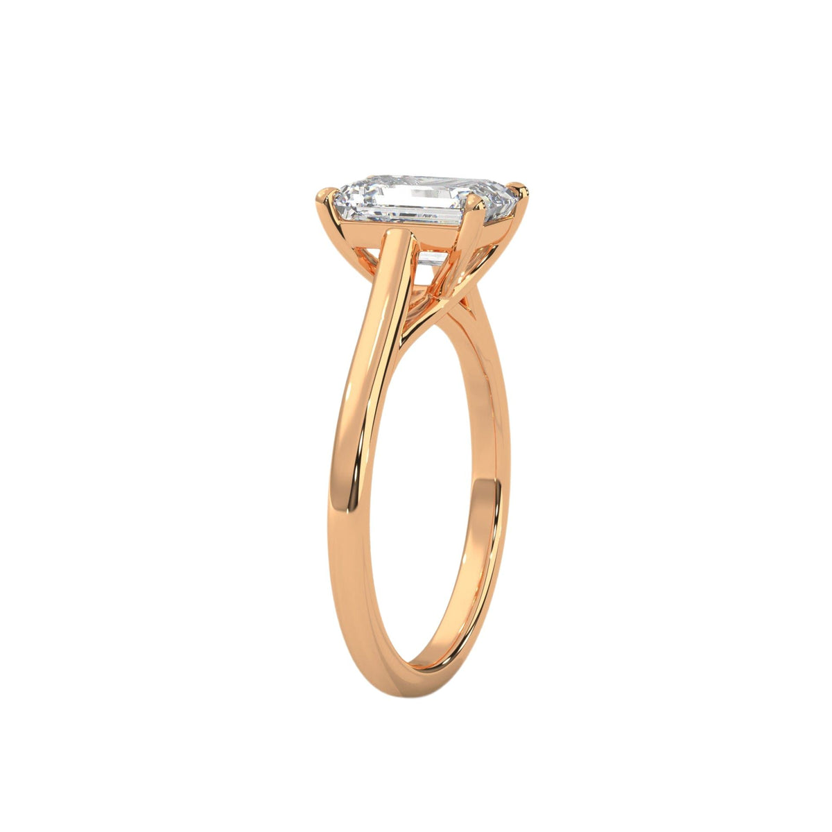 Rose gold radiant-cut solitaire trellis ring, side view showing prongs and stone