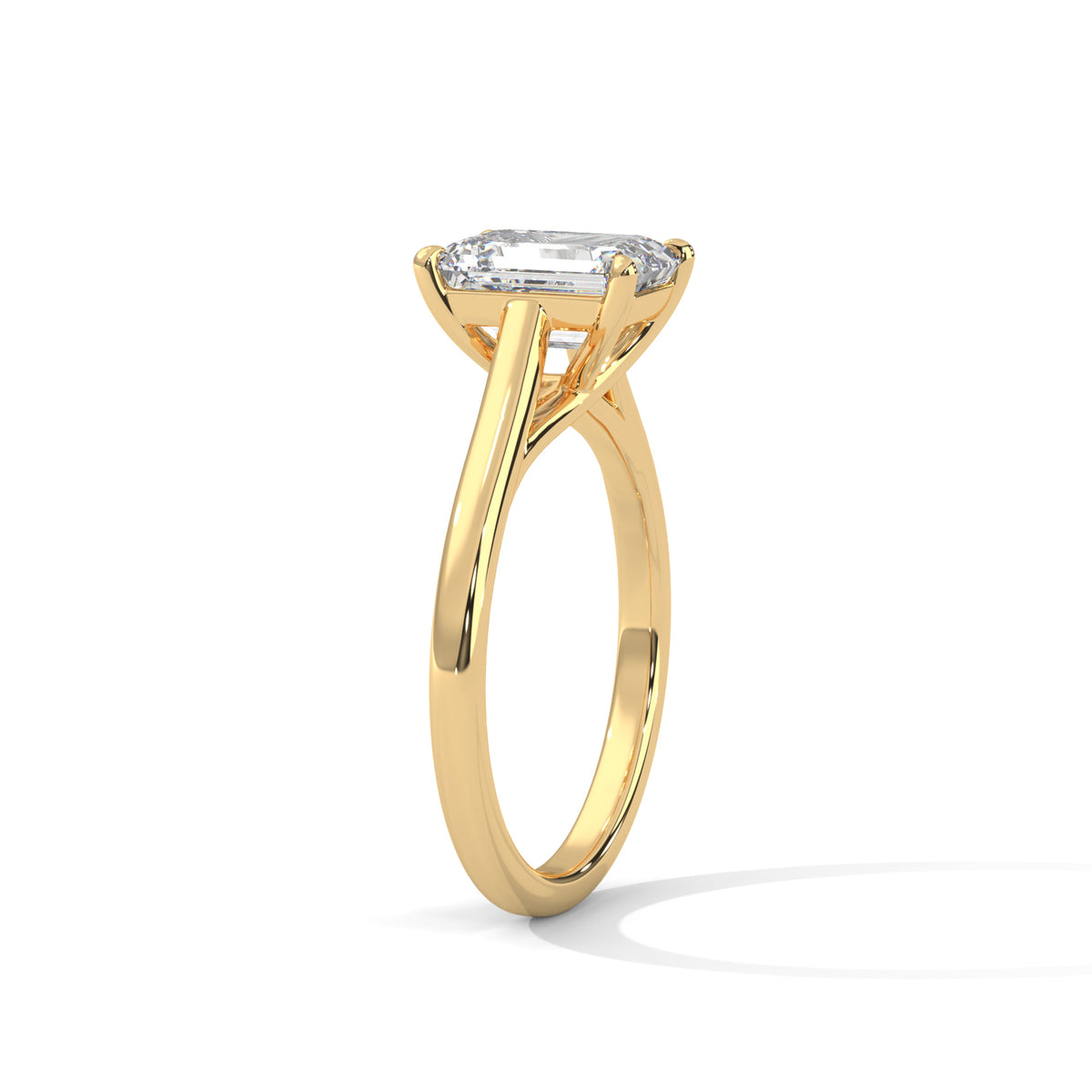 Yellow gold radiant-cut solitaire trellis ring, side view with square center stone