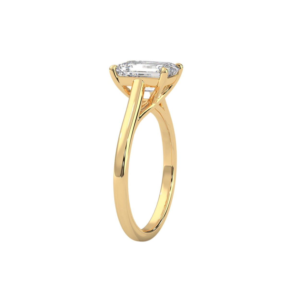 Yellow gold radiant-cut solitaire trellis ring, side view with square center stone