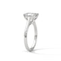 White gold radiant-cut solitaire trellis ring, side view showing prongs and stone