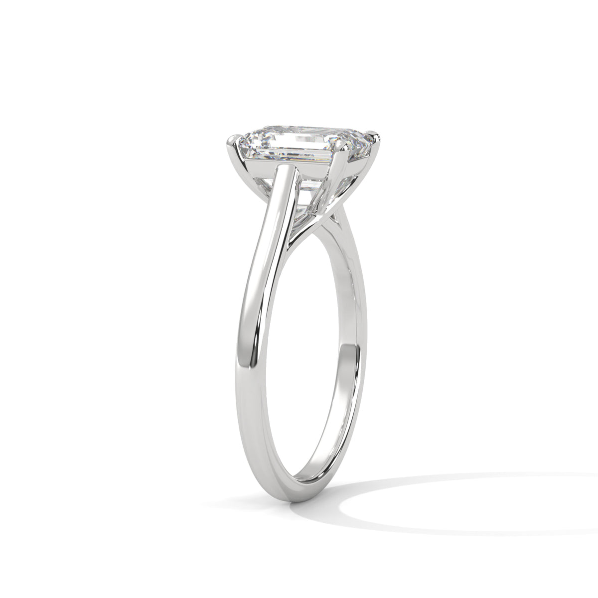 White gold radiant-cut solitaire trellis ring, side view showing prongs and stone