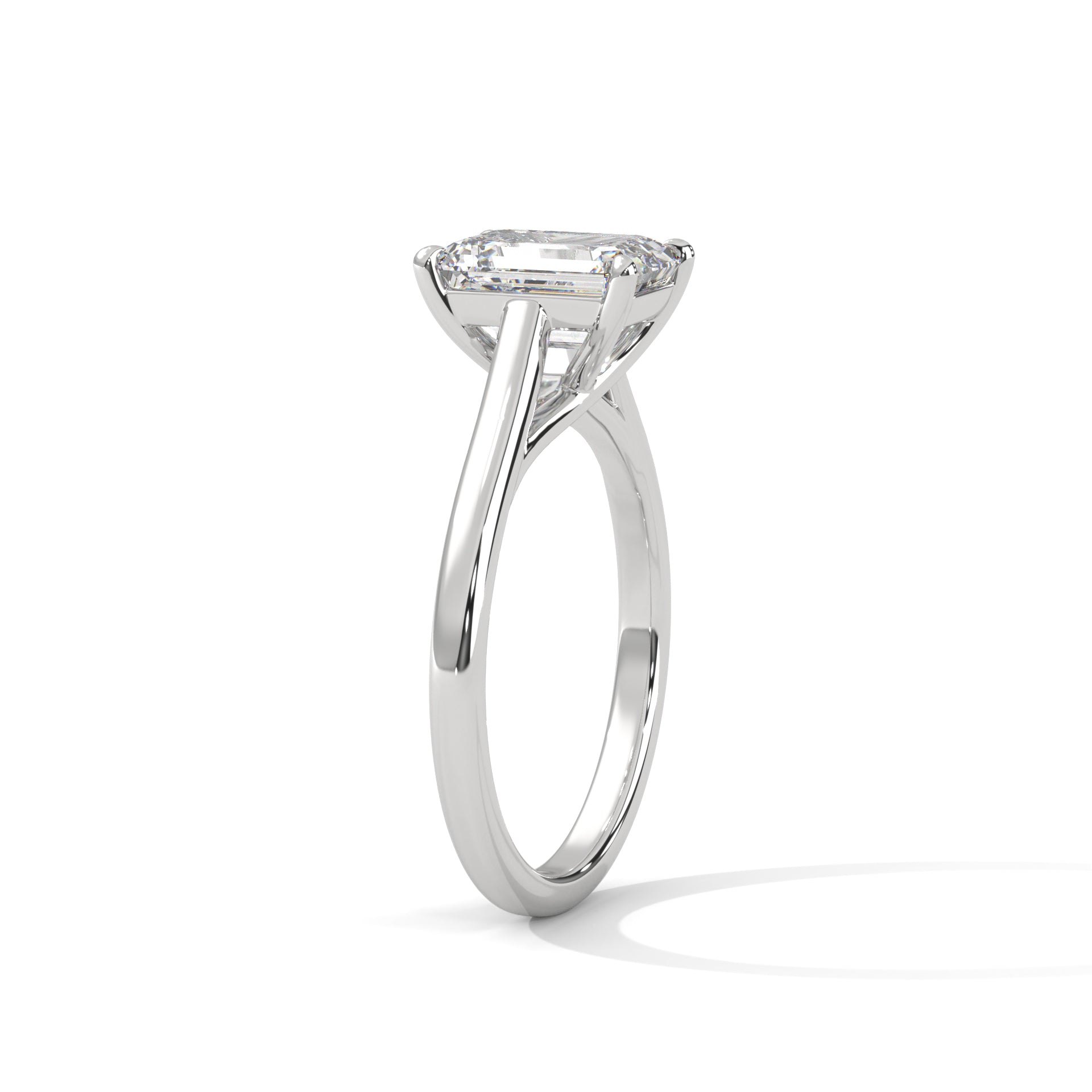 White gold radiant-cut solitaire trellis ring, side view showing prongs and stone