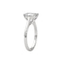 White gold radiant-cut solitaire trellis ring, side view showing prongs and stone