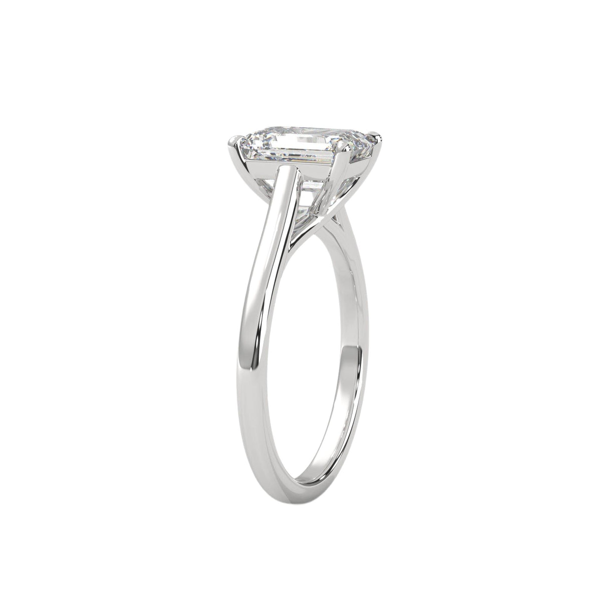 White gold radiant-cut solitaire trellis ring, side view showing prongs and stone