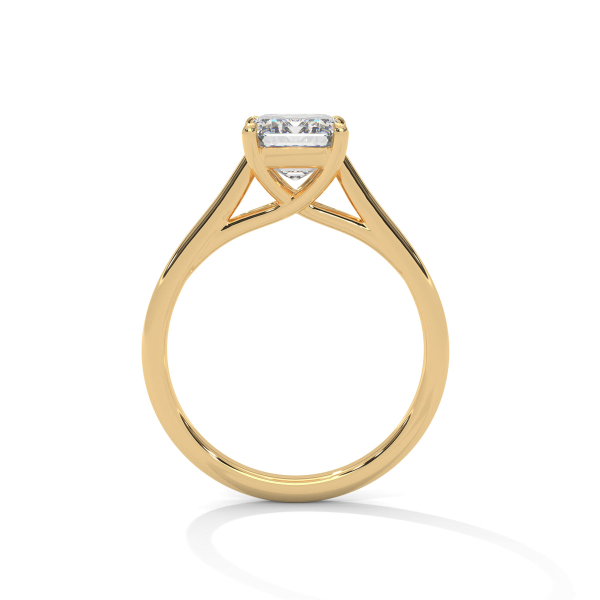 Yellow gold radiant-cut solitaire trellis engagement ring, front view