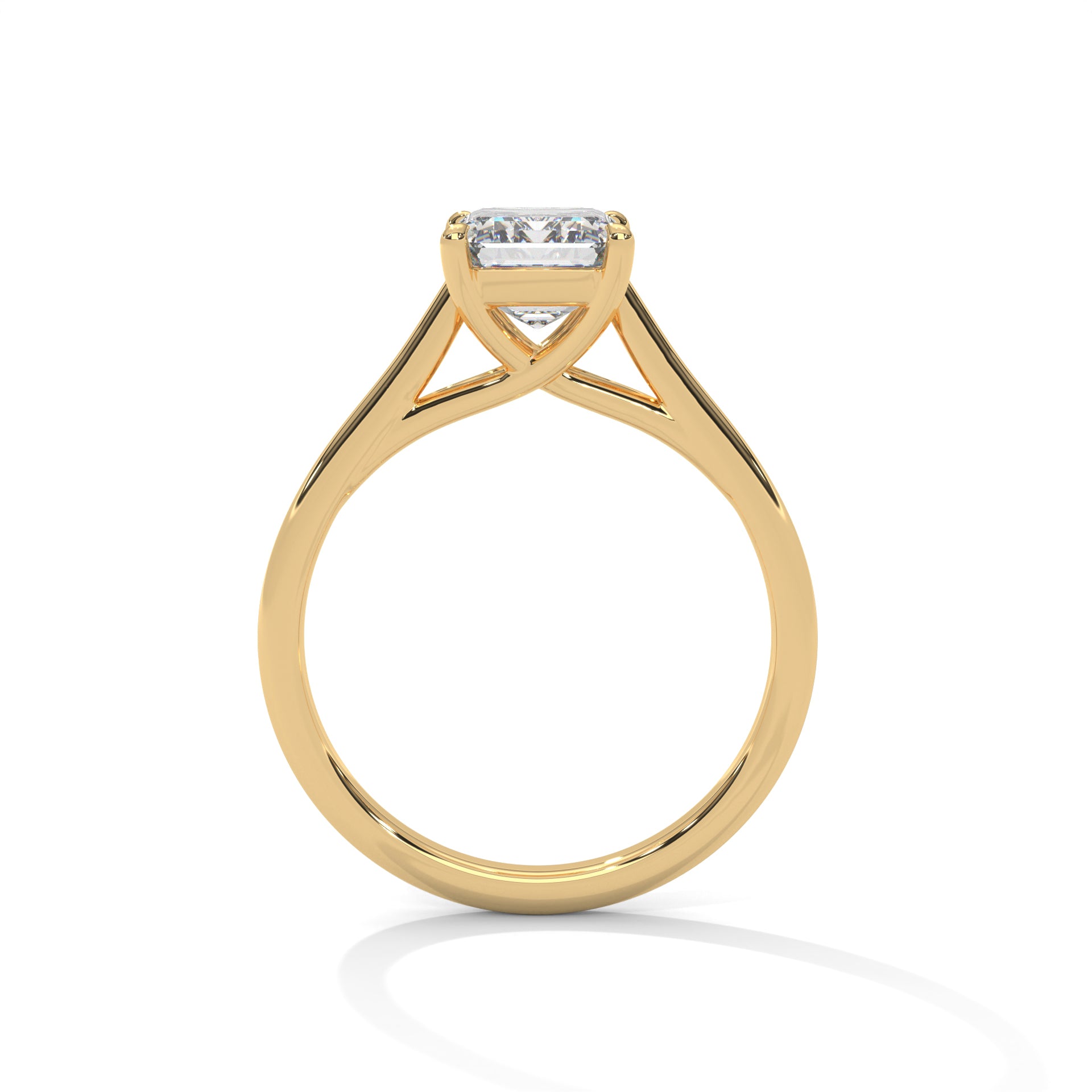 Yellow gold radiant-cut solitaire trellis engagement ring, front view