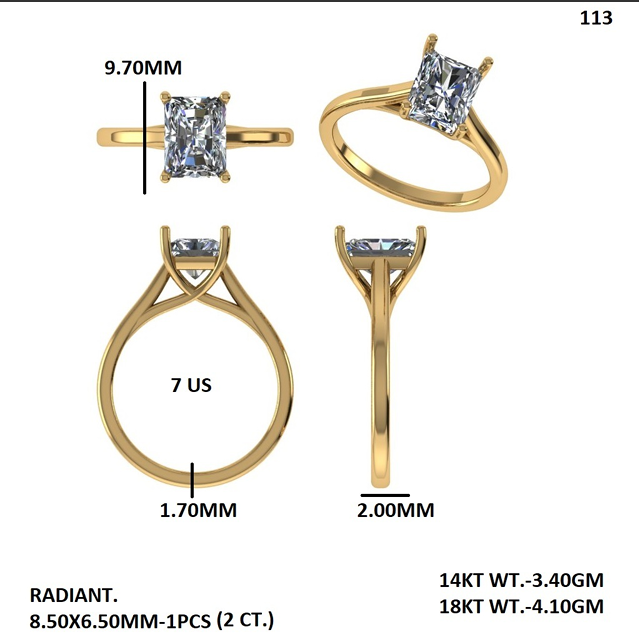 Radiant-cut solitaire trellis ring measurement diagram with multiple angles