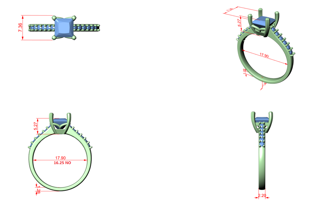 Engagement ring CAD diagram with center princess stone and colored dimension lines