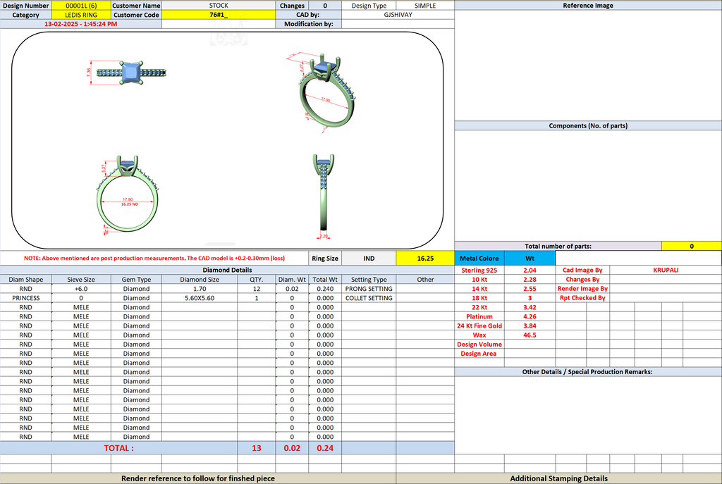Engagement ring build sheet with ring components, diamond details, and totals