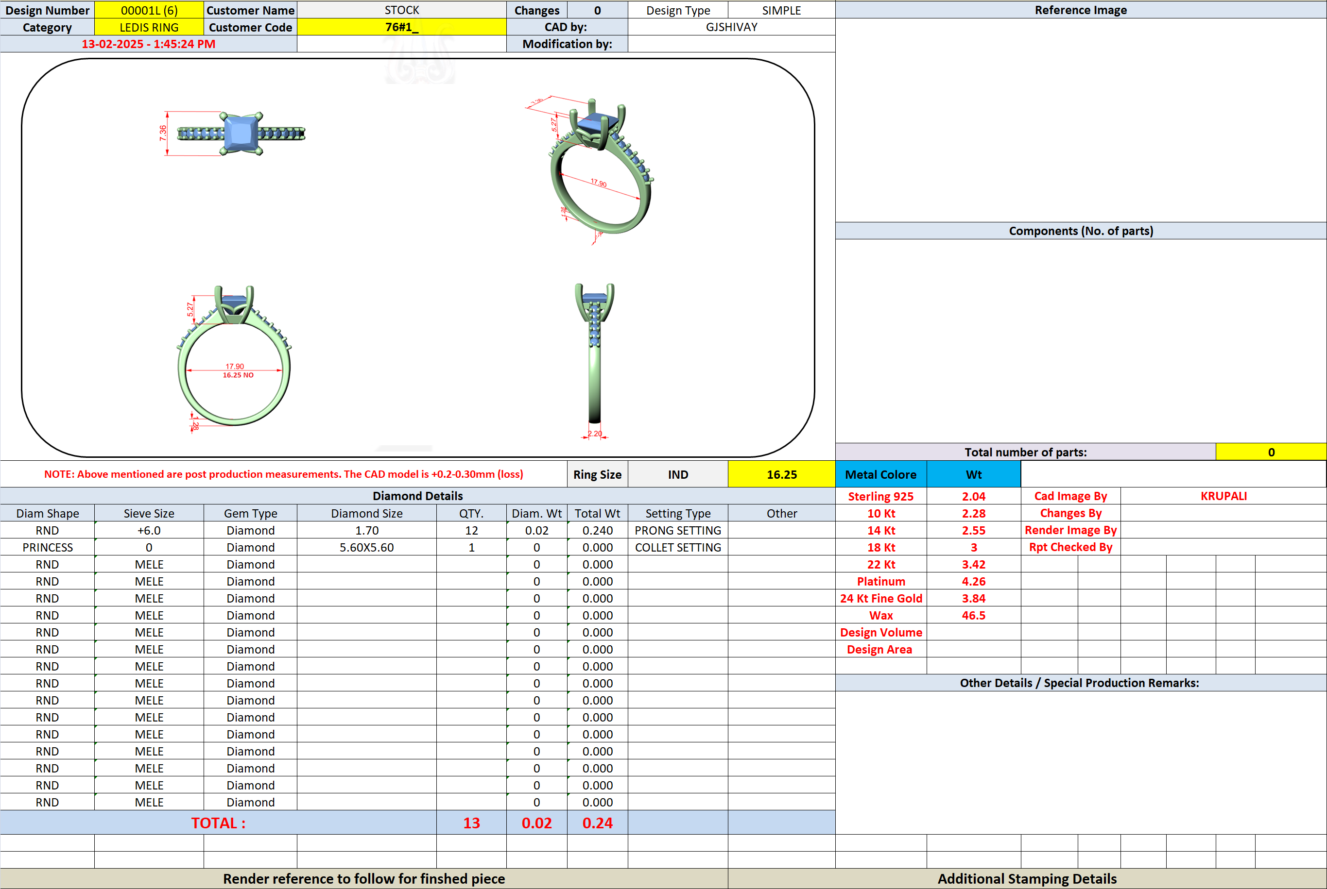 Engagement ring build sheet with ring components, diamond details, and totals