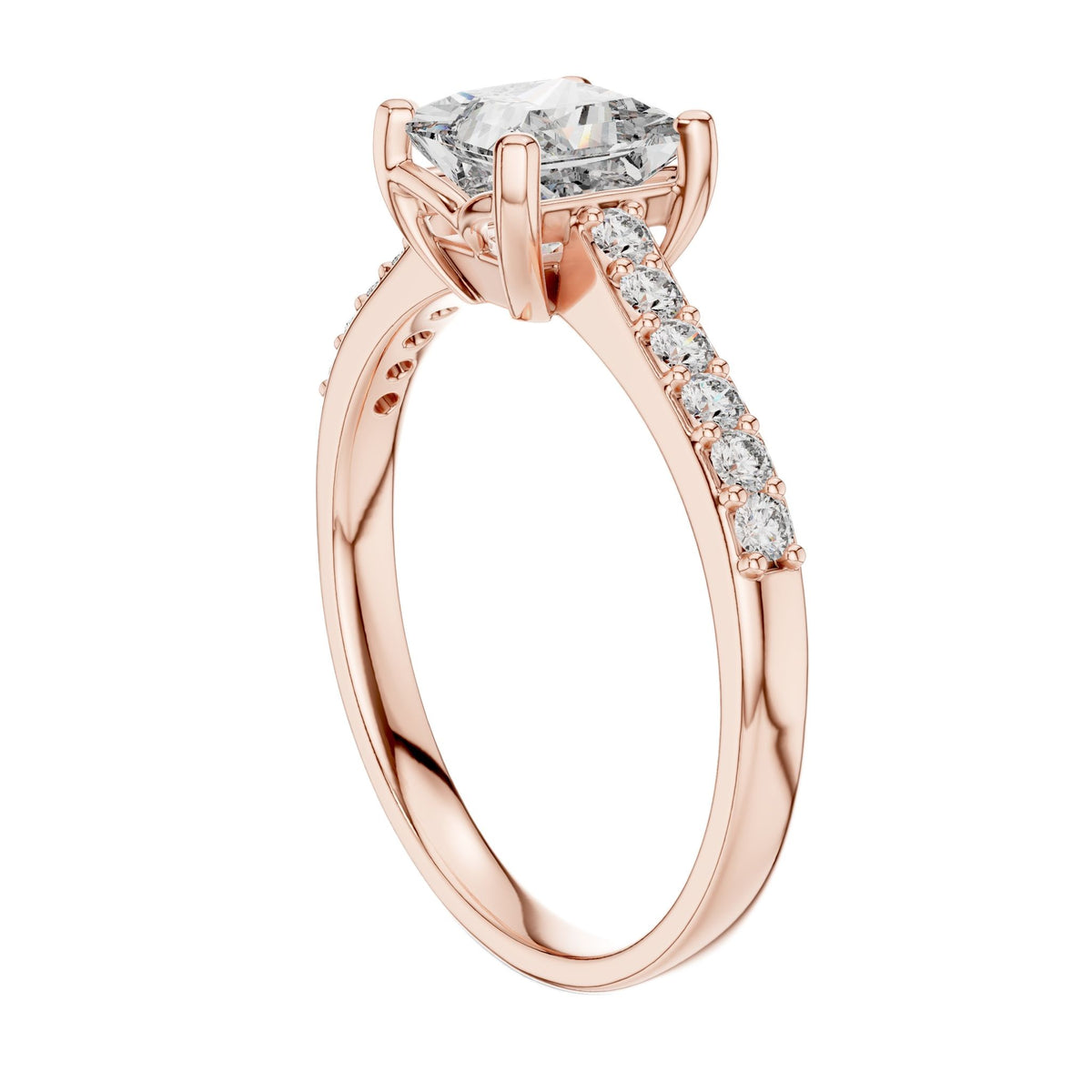 Rose gold engagement ring with princess-cut pavé center and diamond tennis-style band