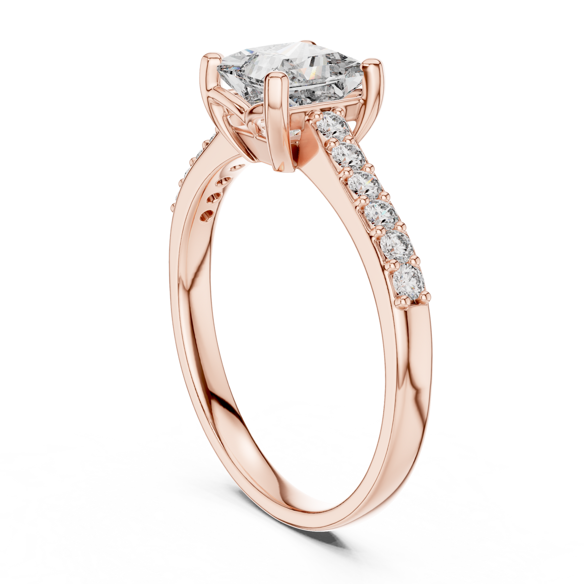 Rose gold engagement ring with princess-cut pavé center and diamond tennis-style band