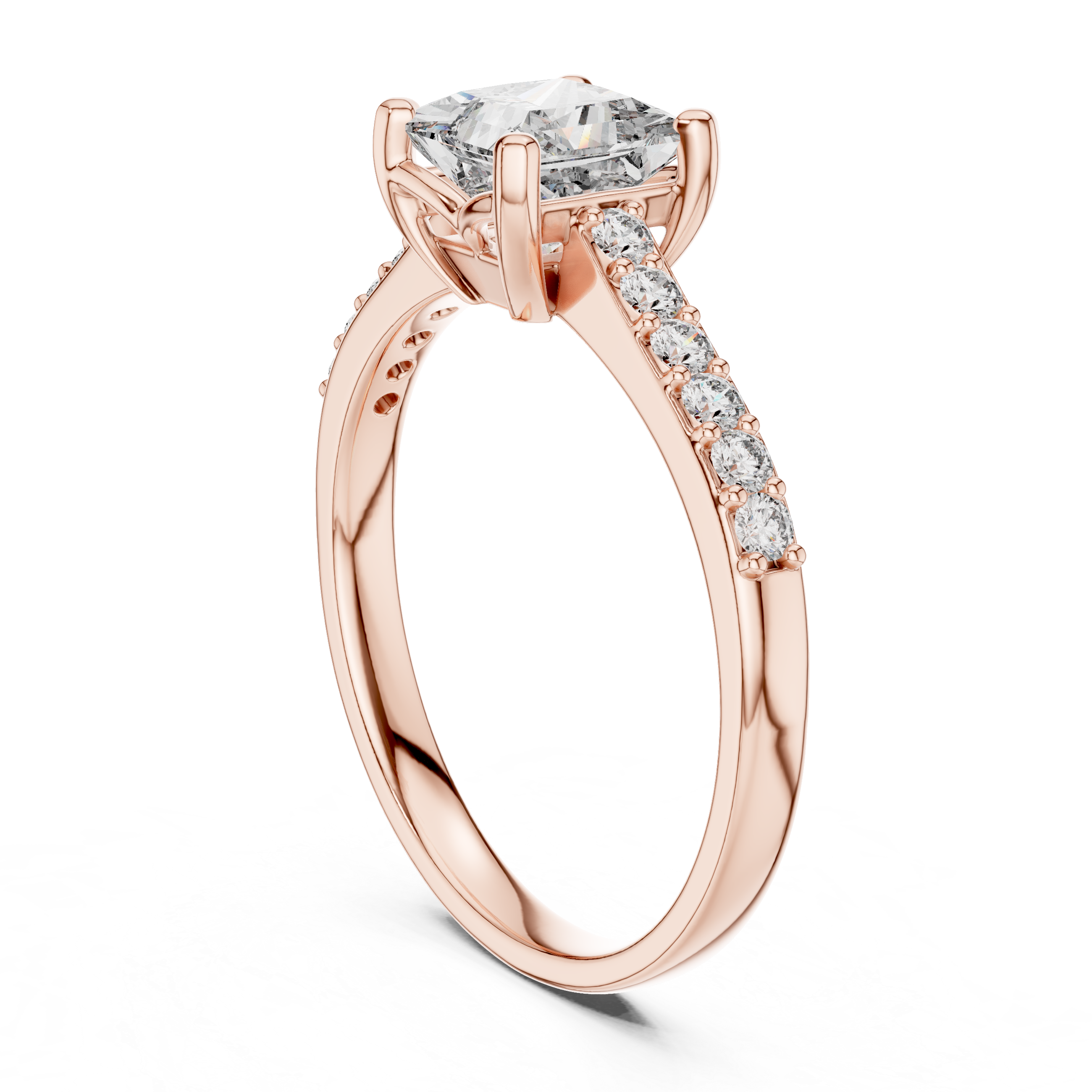 Rose gold engagement ring with princess-cut pavé center and diamond tennis-style band