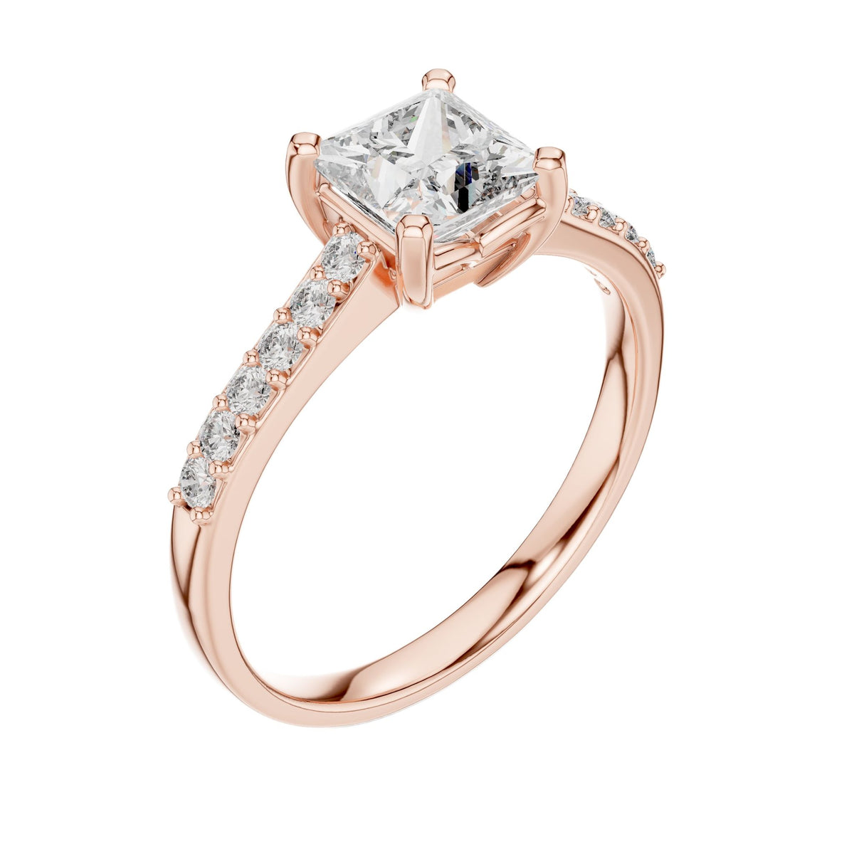 Rose gold princess-cut pavé engagement ring with rectangular center diamond and halo prongs