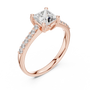 Rose gold princess-cut pavé engagement ring with rectangular center diamond and halo prongs