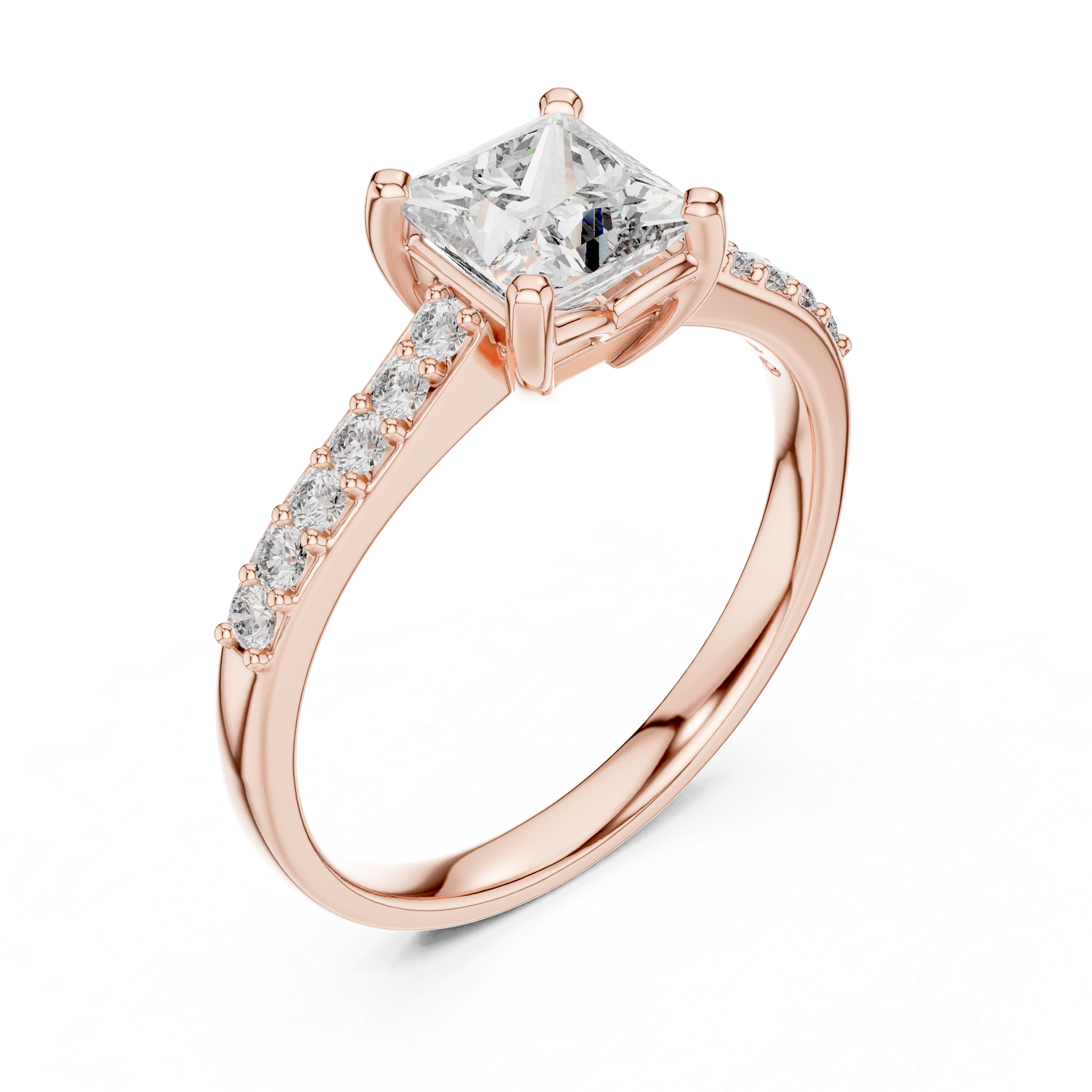 Rose gold princess-cut pavé engagement ring with rectangular center diamond and halo prongs