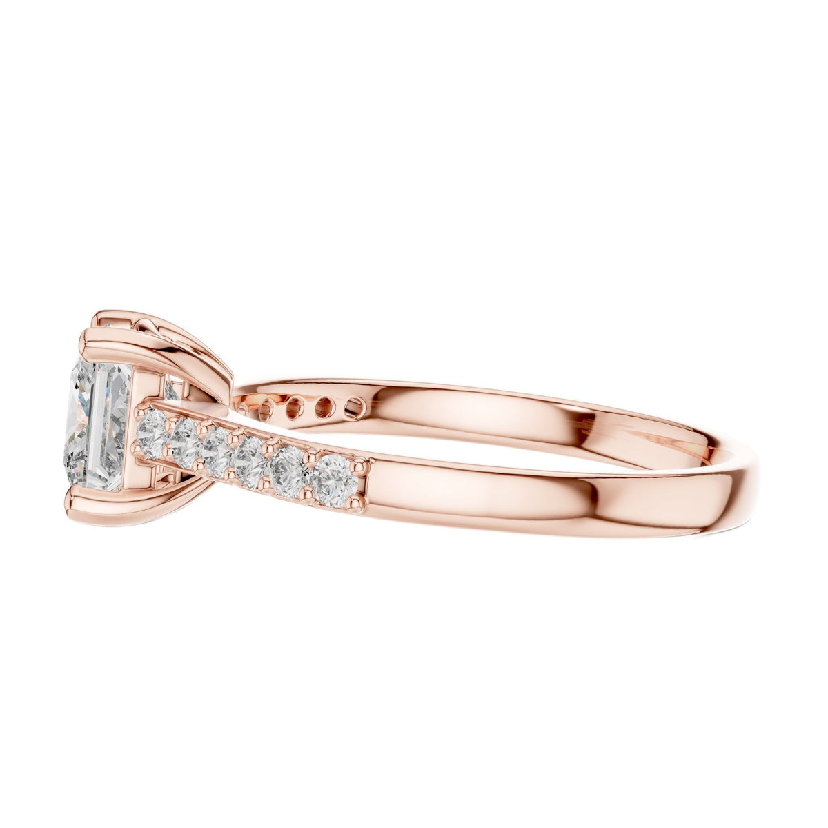 Rose gold princess-cut pavé engagement ring shown side profile with diamond band accents