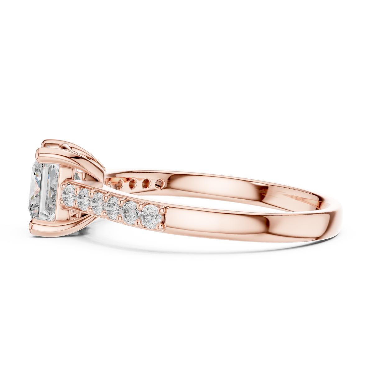 Rose gold princess-cut pavé engagement ring shown side profile with diamond band accents