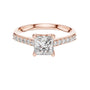 Rose gold engagement ring with princess-cut center diamond and pavé halo band