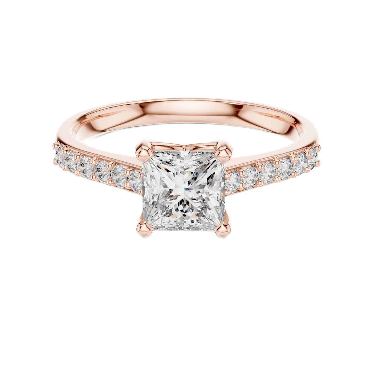Rose gold engagement ring with princess-cut center diamond and pavé halo band