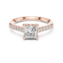 Rose gold engagement ring with princess-cut center diamond and pavé halo band