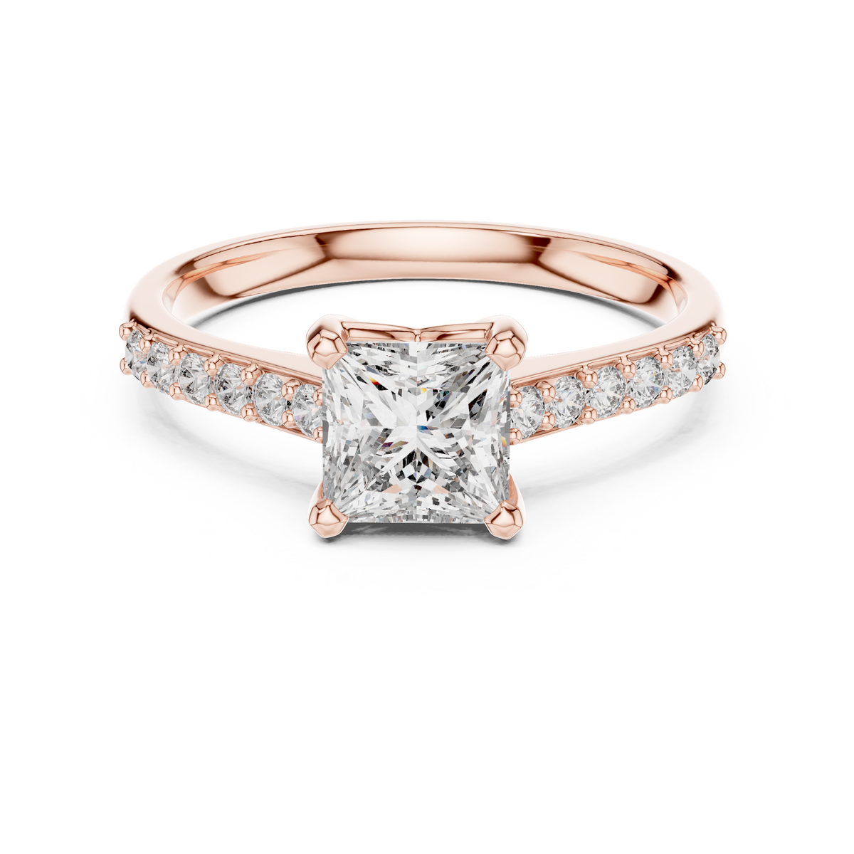 Rose gold engagement ring with princess-cut center diamond and pavé halo band