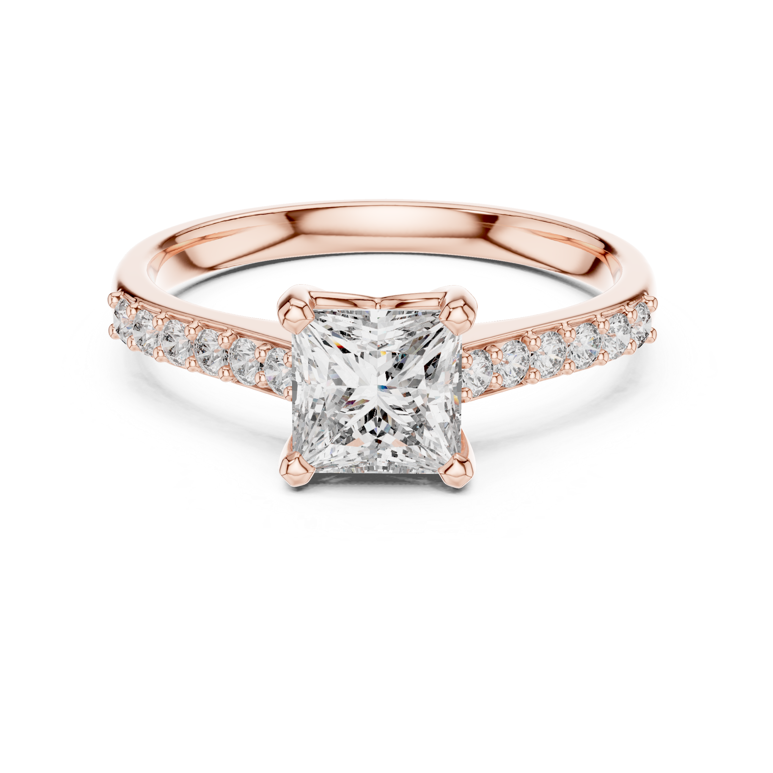 Rose gold engagement ring with princess-cut center diamond and pavé halo band