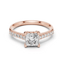 Rose gold princess-cut diamond ring with pavé band and square center diamond.