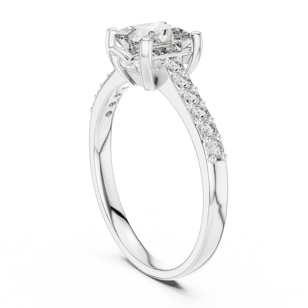 Platinum princess-cut pavé engagement ring with rectangular center diamond and diamond band