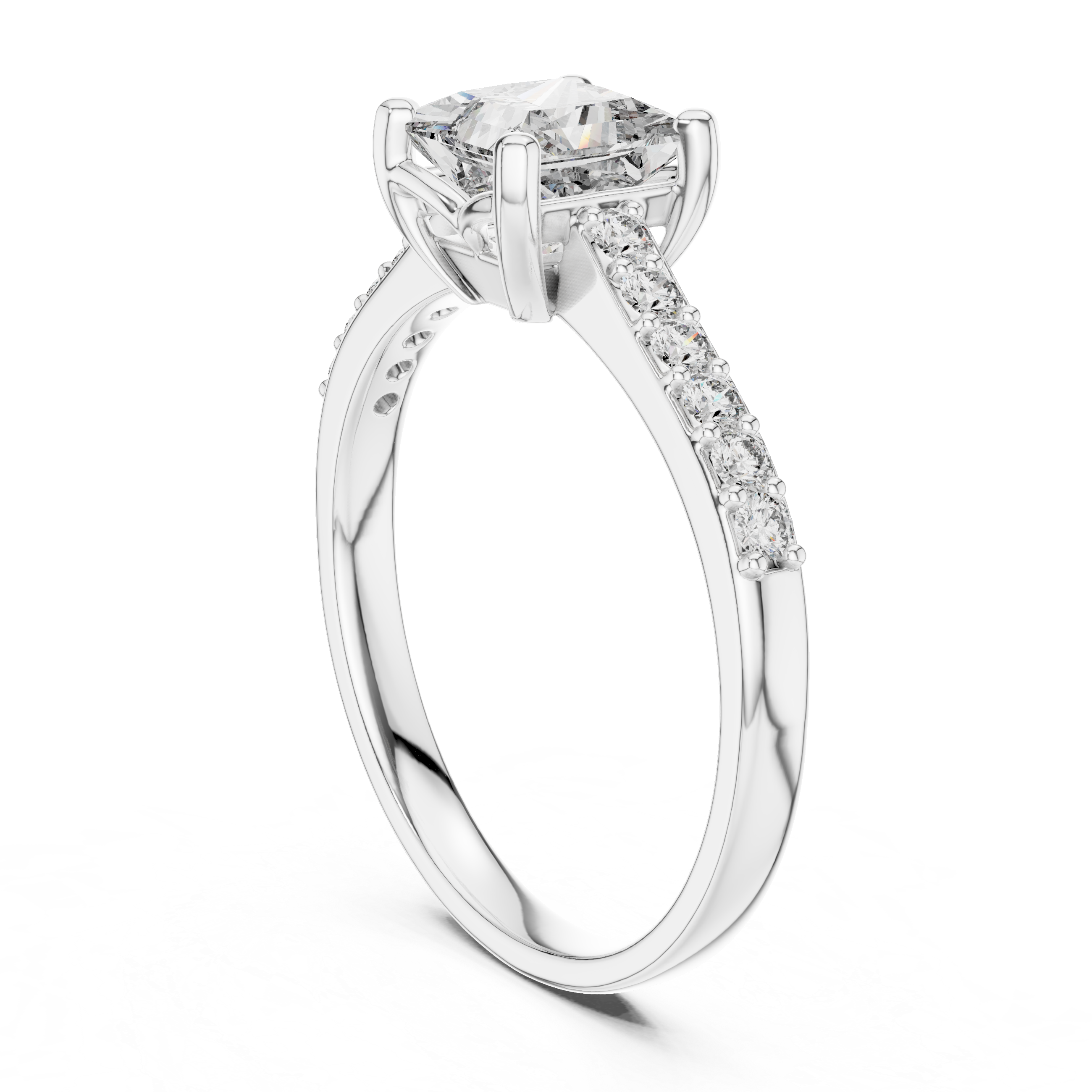 Platinum princess-cut pavé engagement ring with rectangular center diamond and diamond band