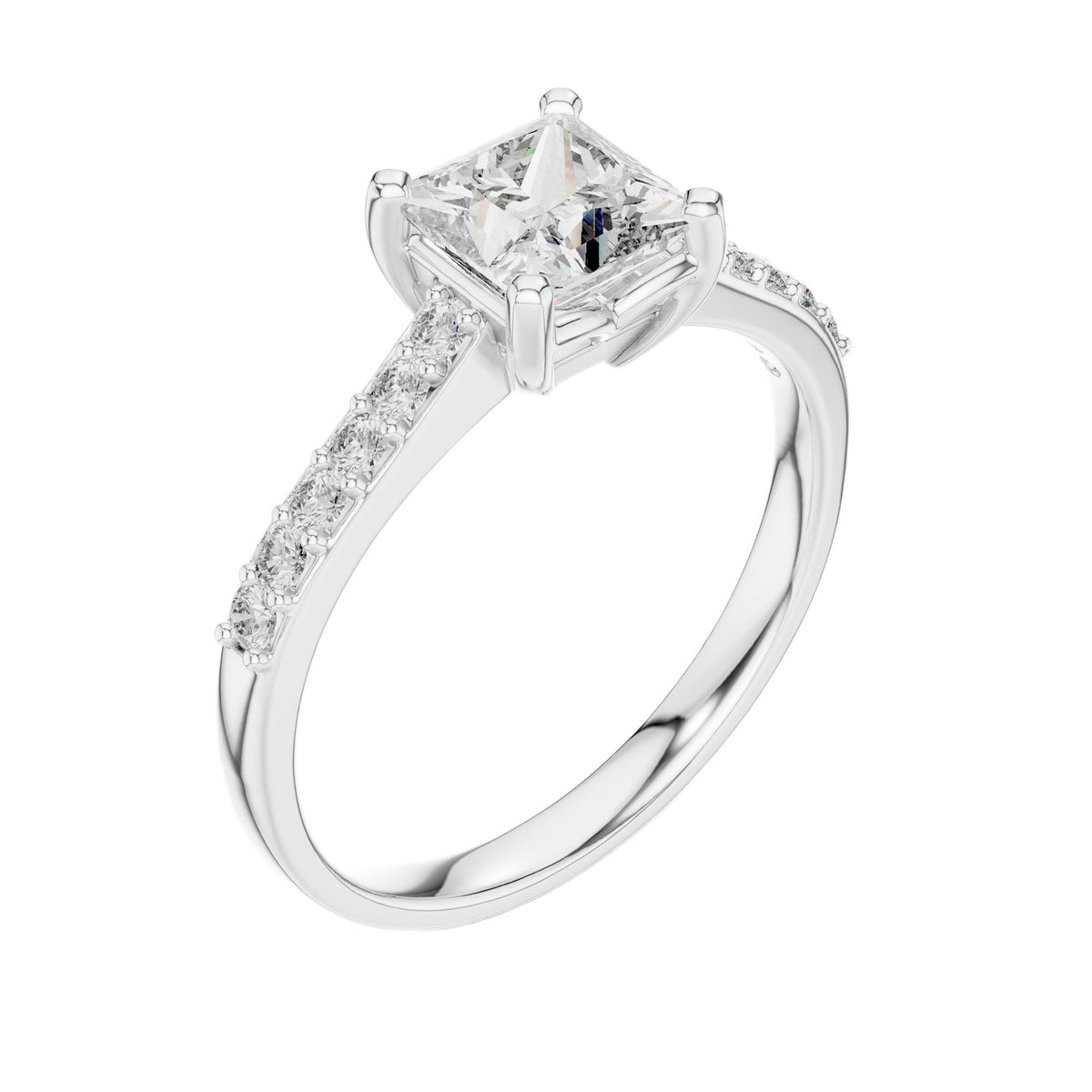 Platinum princess-cut pavé engagement ring with rectangular center diamond and side diamond accents