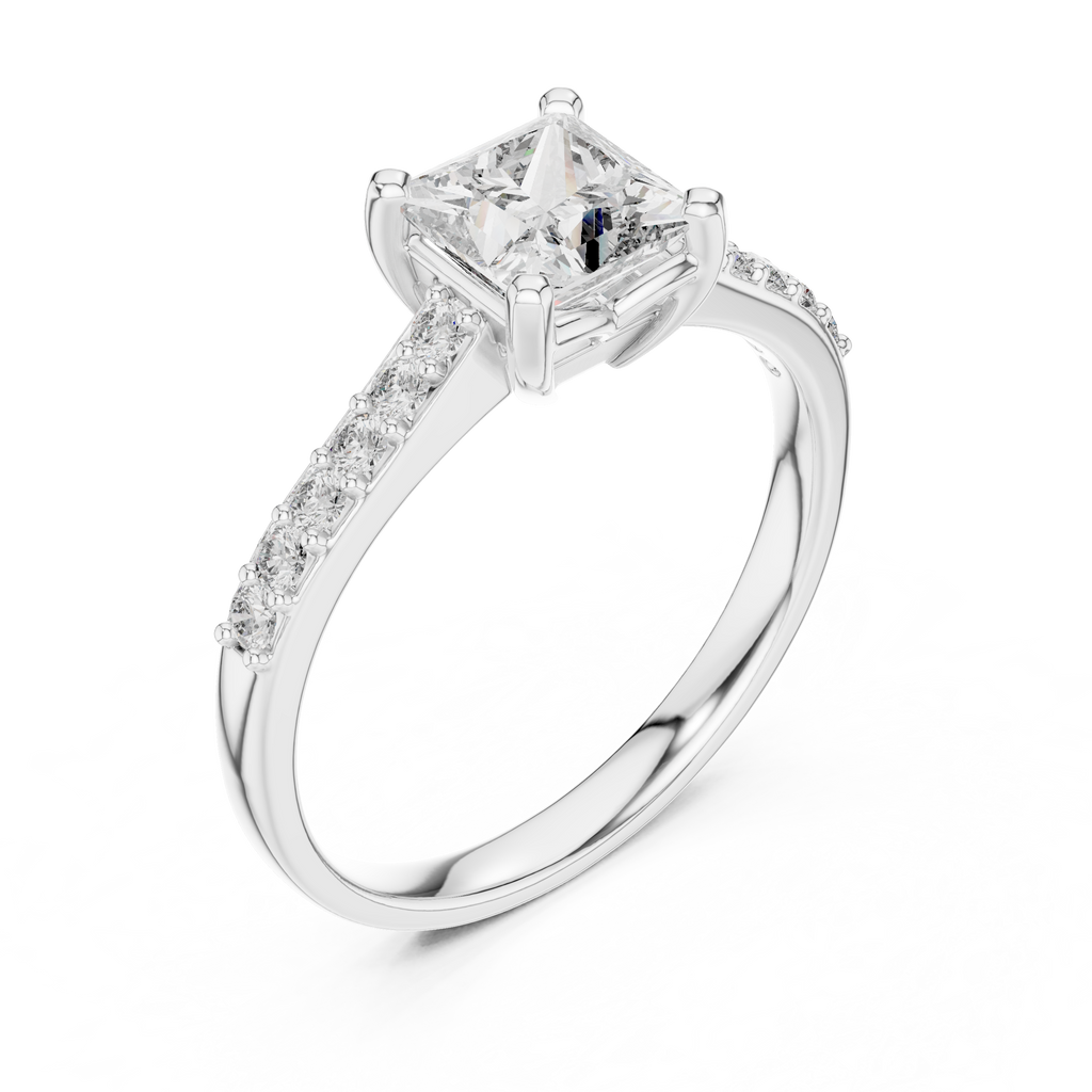 Platinum princess-cut pavé engagement ring with rectangular center diamond and side diamond accents
