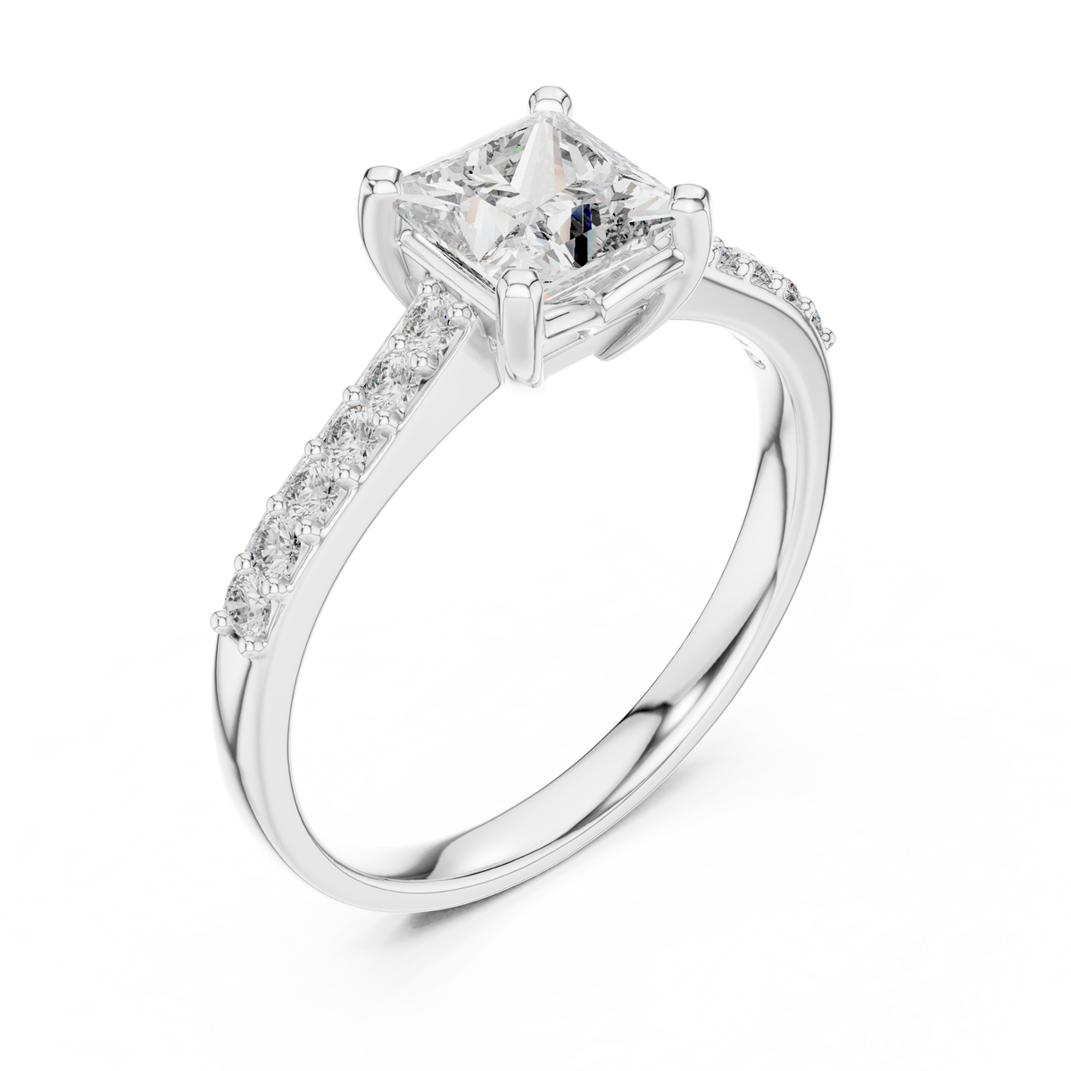 Platinum princess-cut pavé engagement ring with rectangular center diamond and side diamond accents