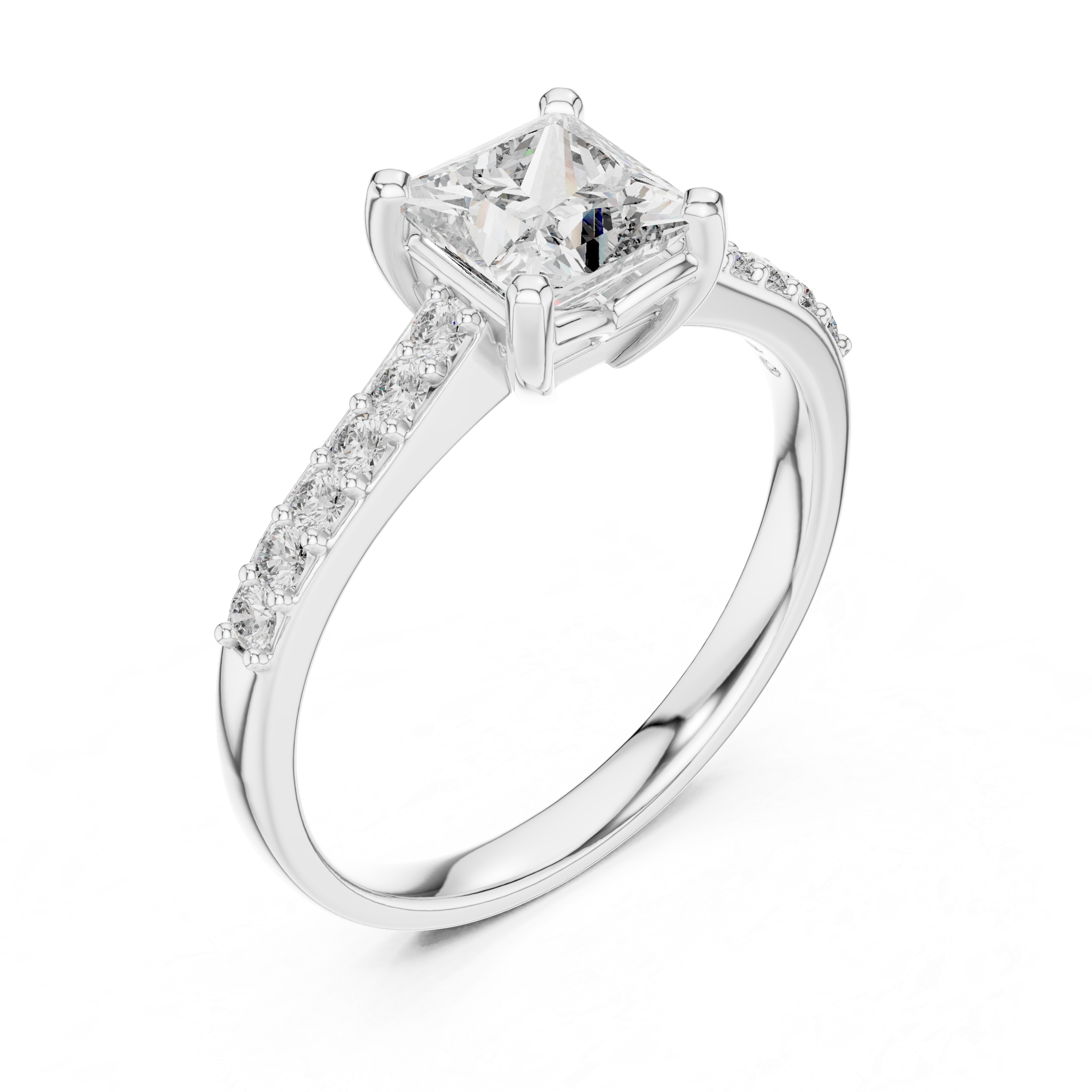 Platinum princess-cut pavé engagement ring with rectangular center diamond and side diamond accents