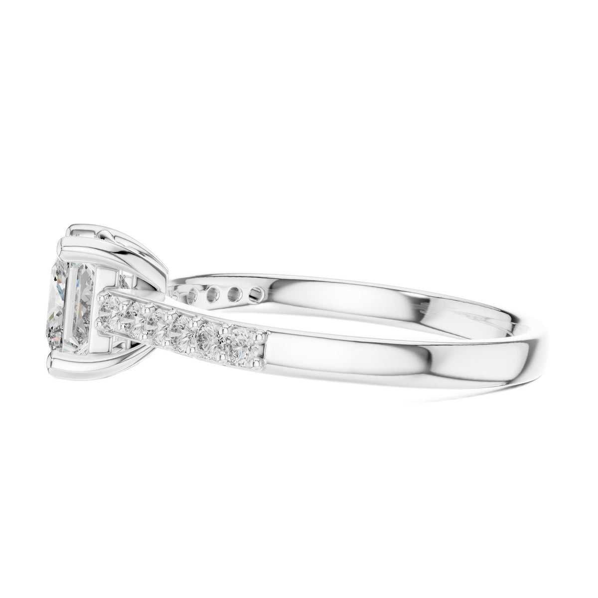 Platinum princess-cut pavé engagement ring side view with diamond-encrusted shank