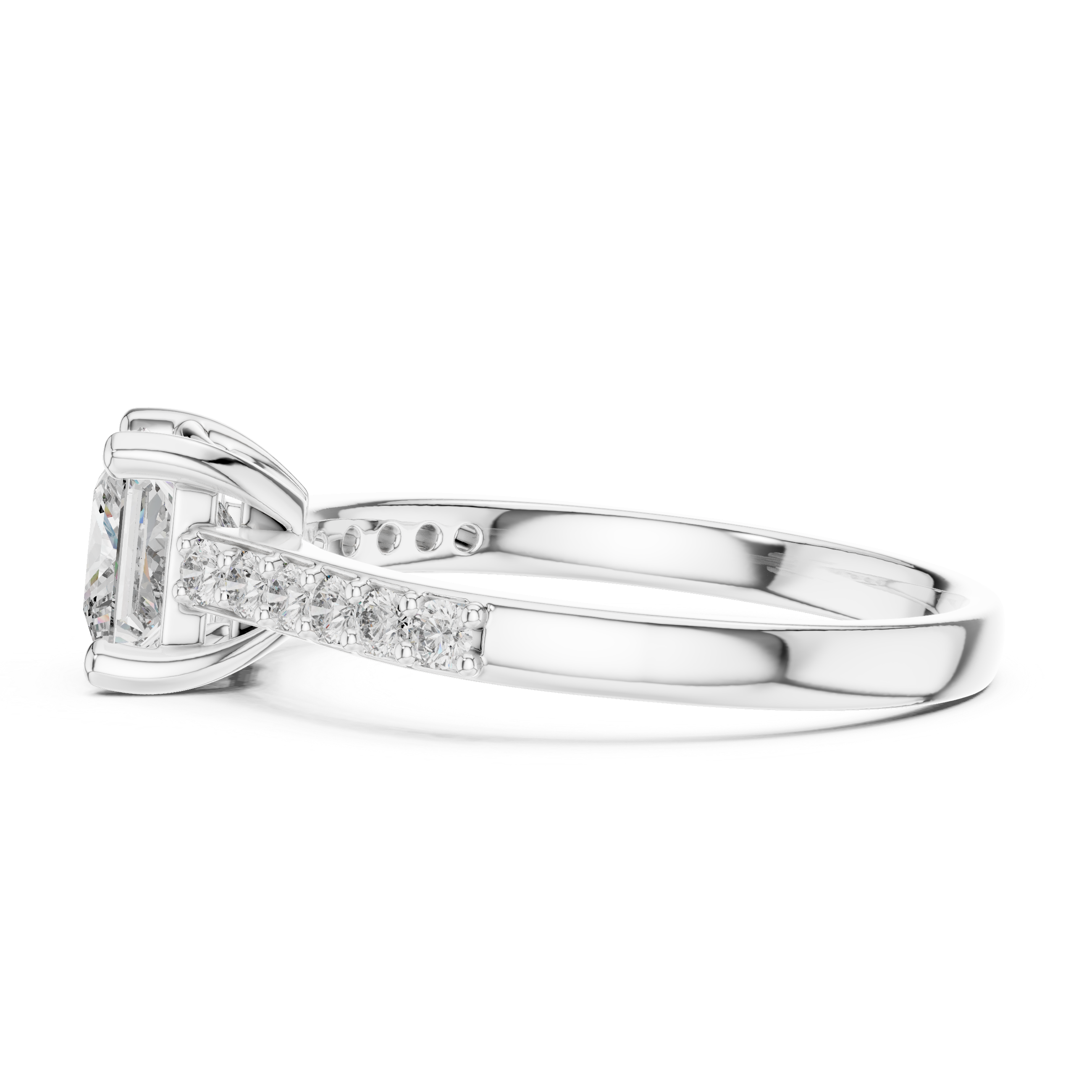 Platinum princess-cut pavé engagement ring side view with diamond-encrusted shank