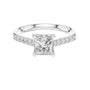 Platinum engagement ring with princess-cut center diamond and pavé diamond halo band